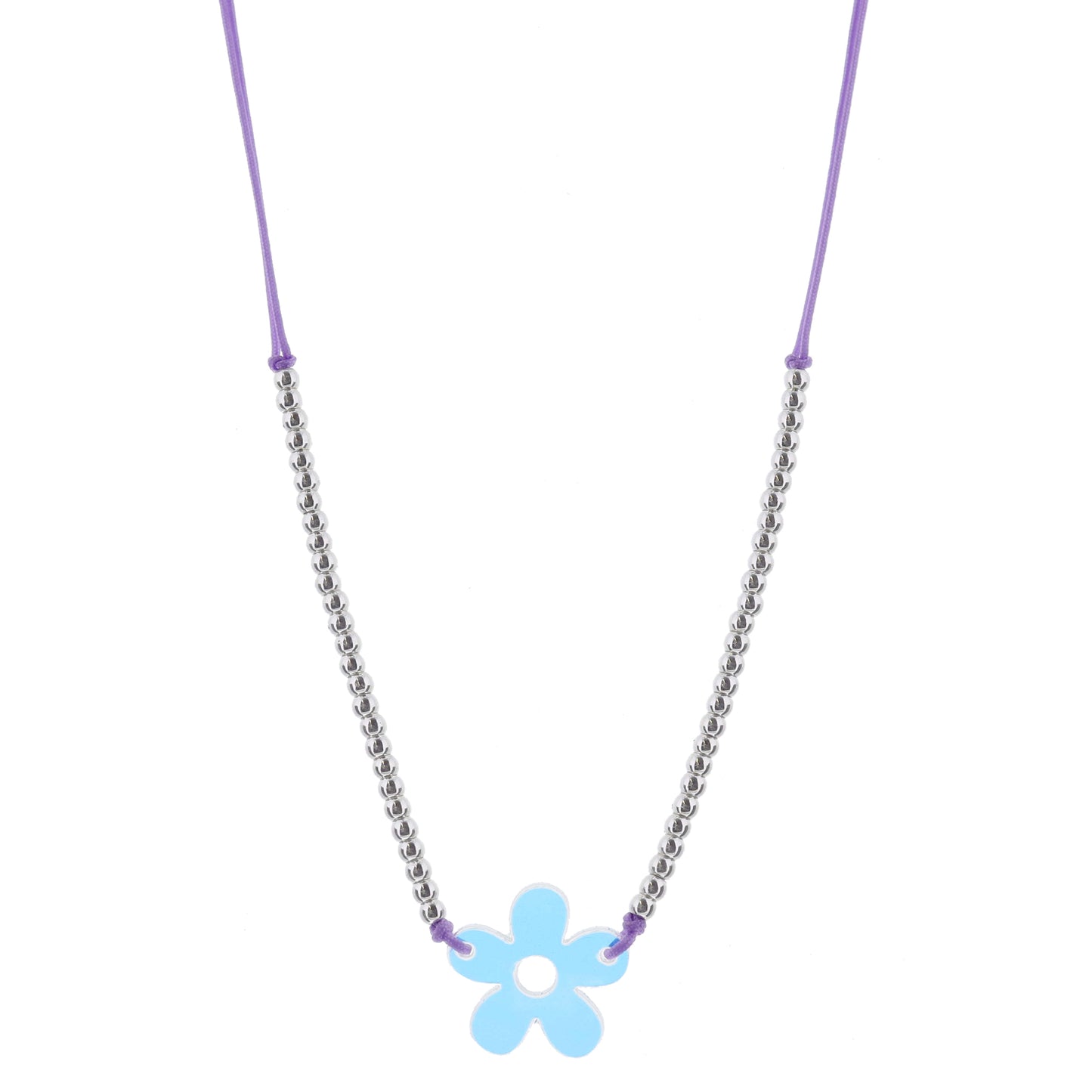Kids Adj. Lavender Cord with Mini Silver Ball Bead Portion and Iridescent Acrylic Flower Necklace