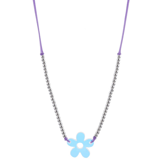 Kids Adj. Lavender Cord with Mini Silver Ball Bead Portion and Iridescent Acrylic Flower Necklace