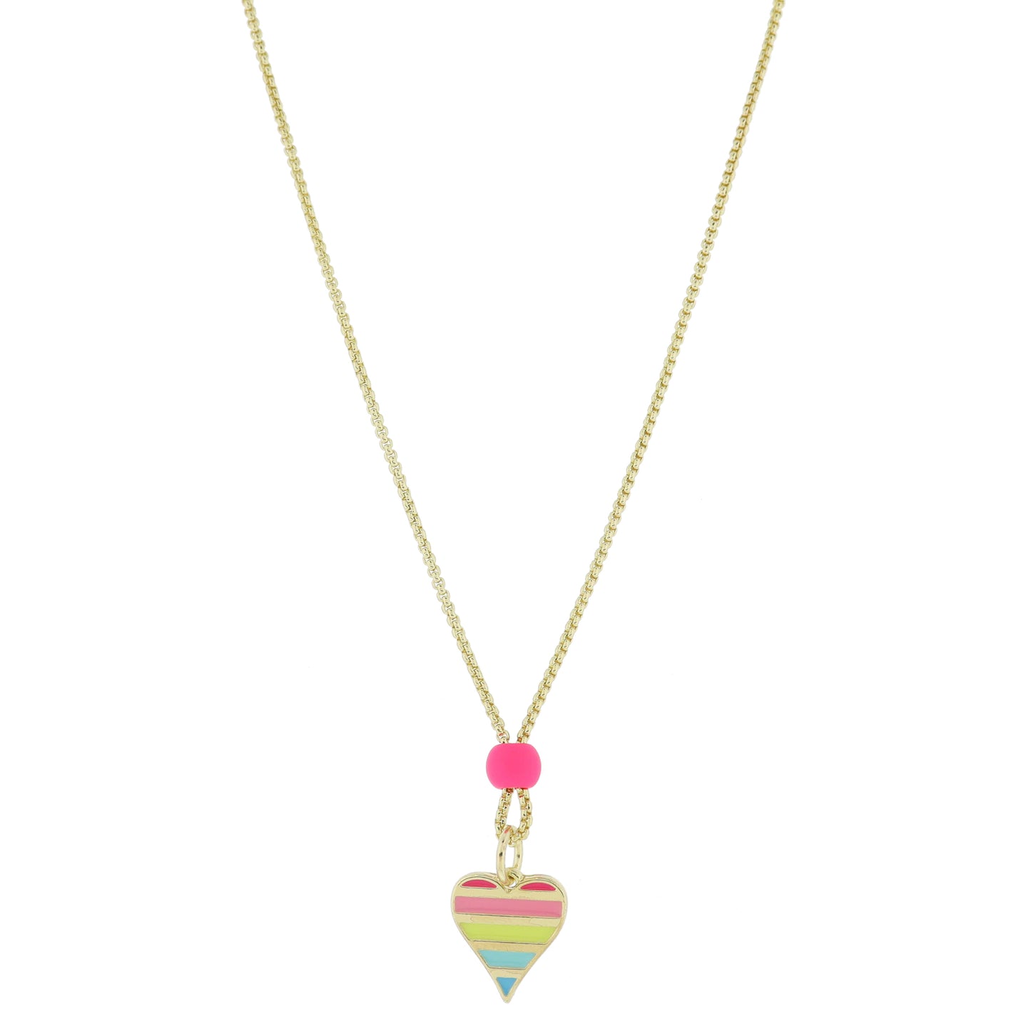 Kids 14" Gold Box Chain with Hot Pink Rubber Coated Bead and Multi Striped Heart Necklace, 3" Ext
