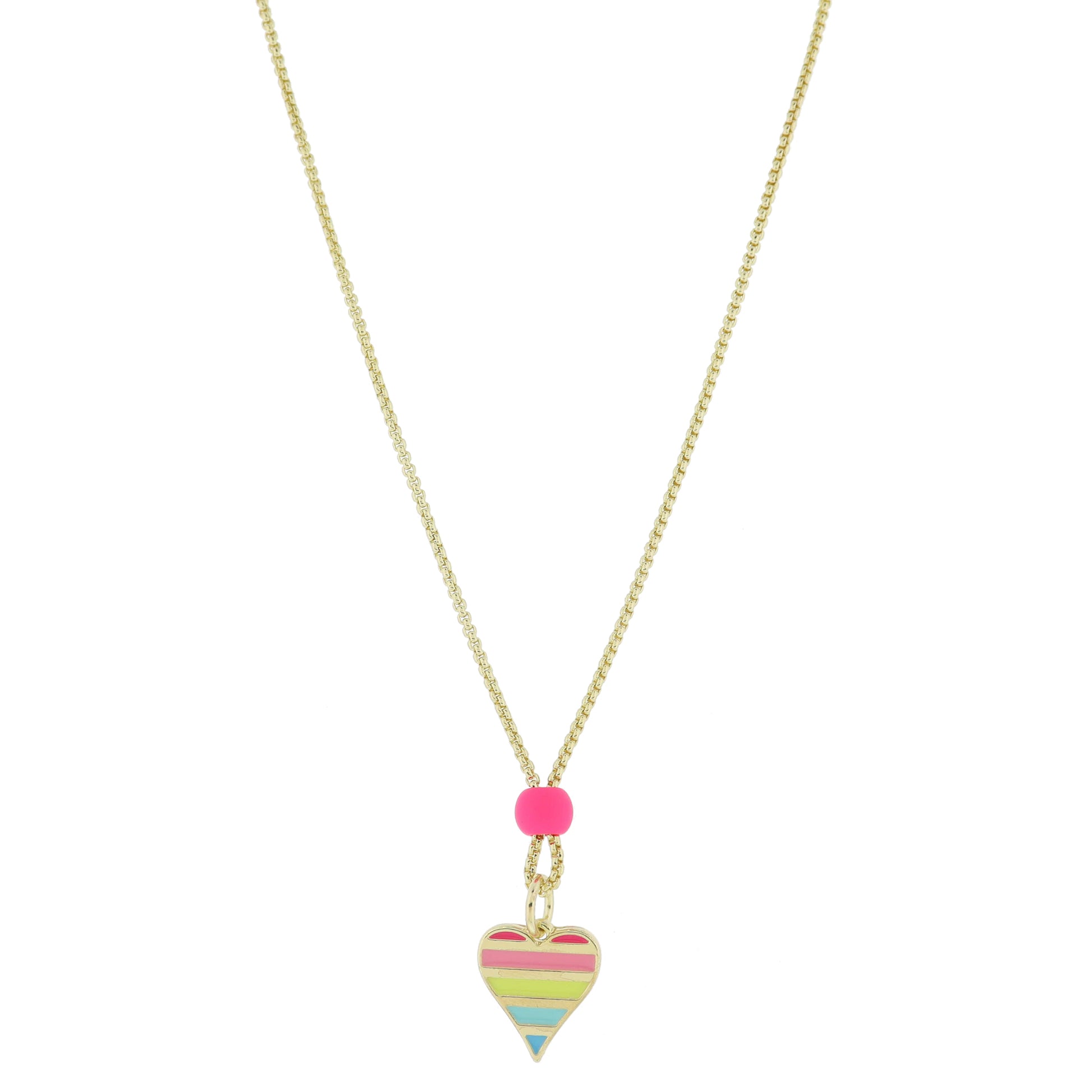 Kids 14" Gold Box Chain with Hot Pink Rubber Coated Bead and Multi Striped Heart Necklace, 3" Ext