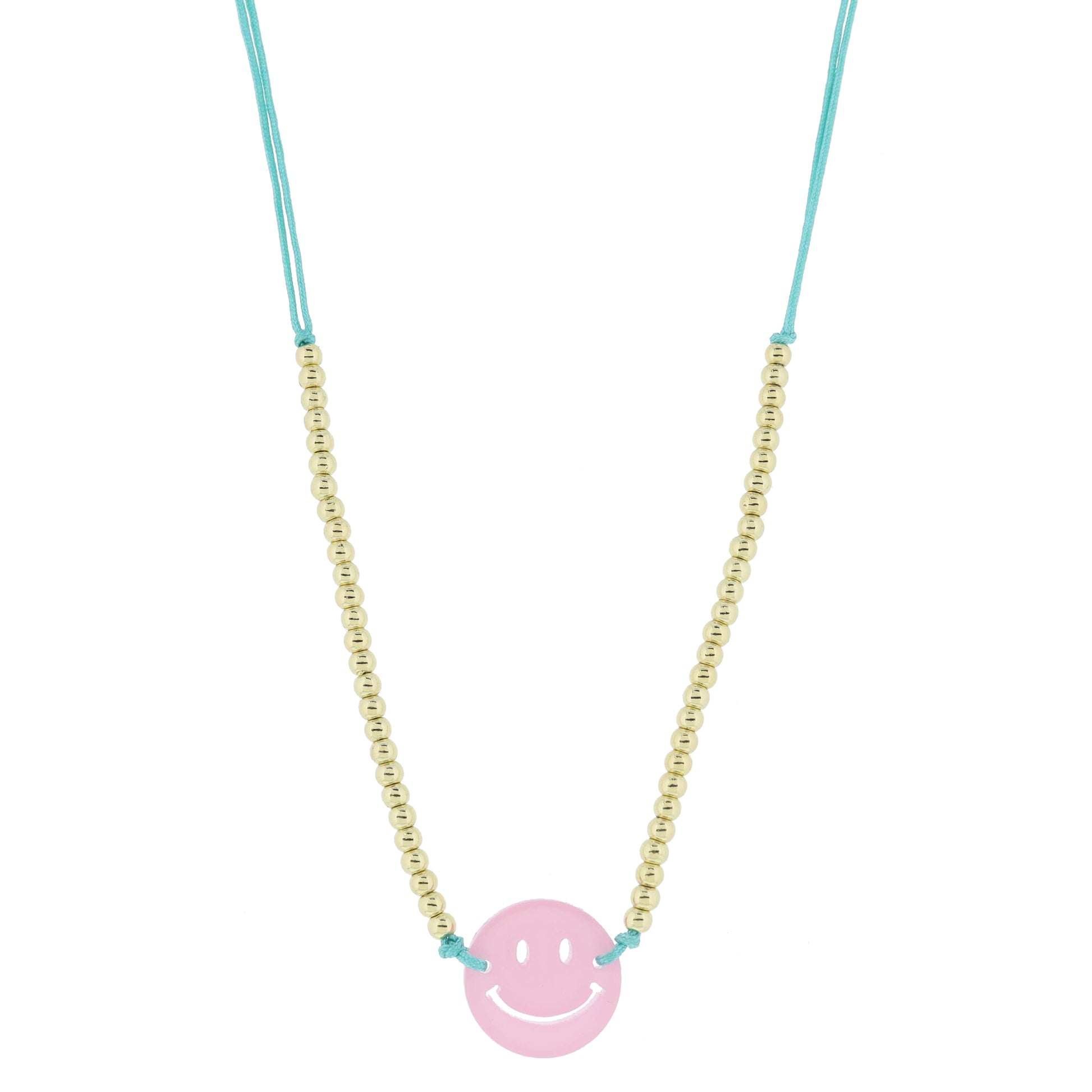 Kids Adj. Turquoise Cord with Mini Gold Ball Bead Portion & Light Pink Acrylic Happy Face Necklace