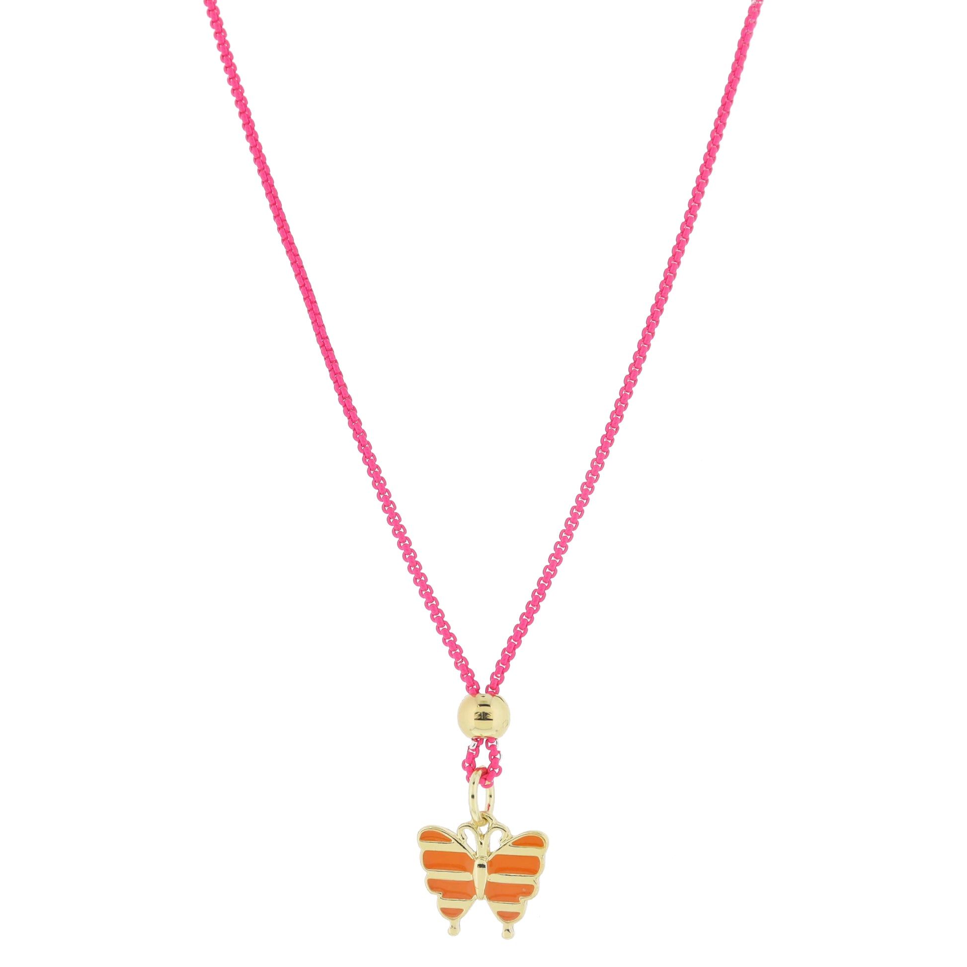 Kids 14" Hot Pink Box Chain with Gold Bead and Orange Enamel Striped Butterfly Necklace, 3" Ext