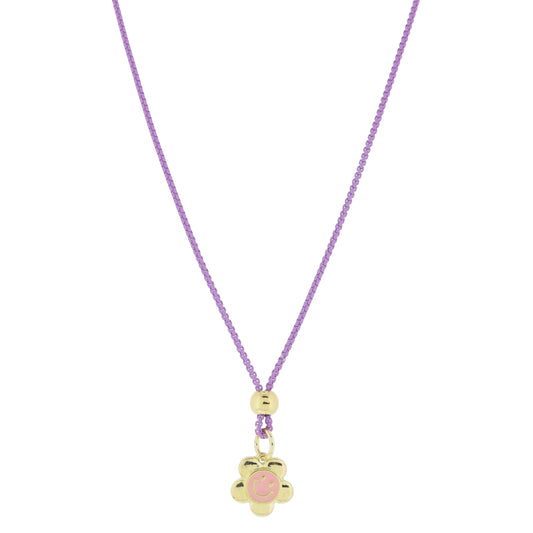Kids 14" Lavender Box Chain with Gold Bead & Light Pink & Gold Happy Face Flower Necklace, 3" Ext