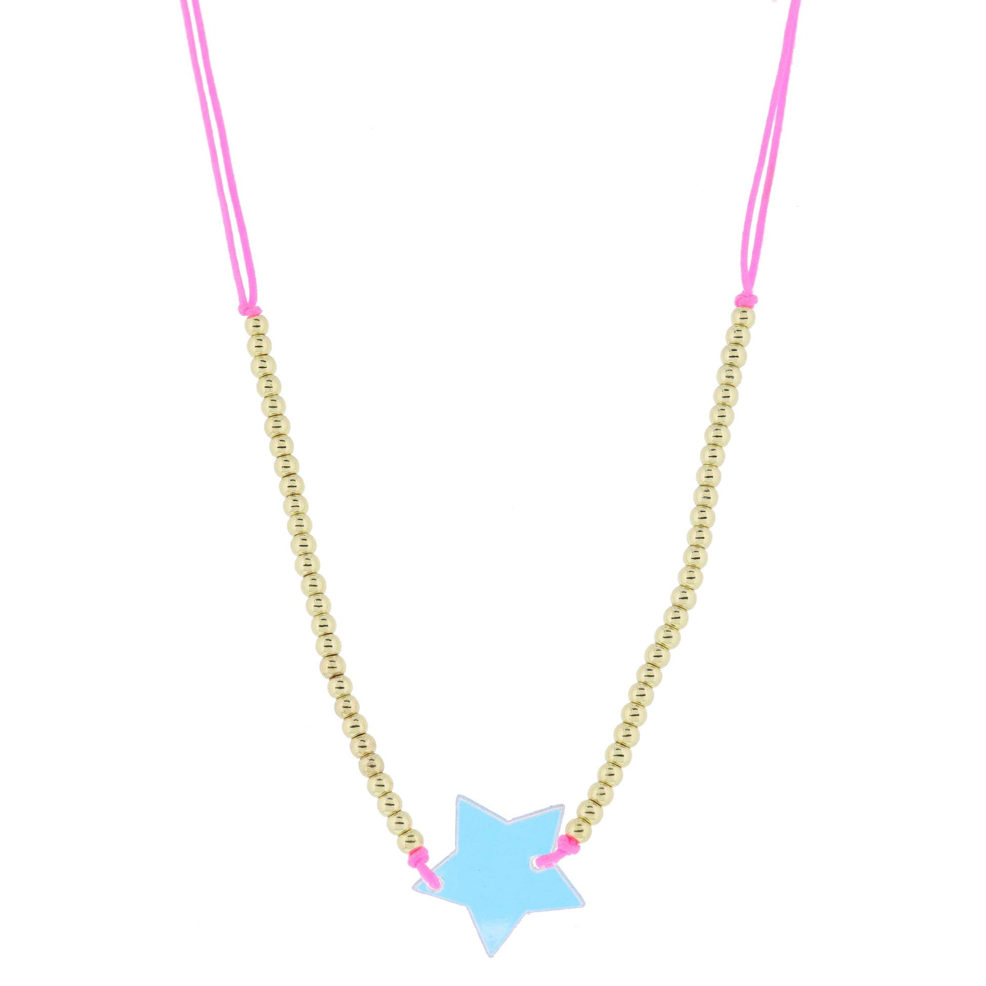 Kids Adj. Neon Pink Cord with Mini Gold Ball Bead Portion and Iridescent Acrylic Star Necklace