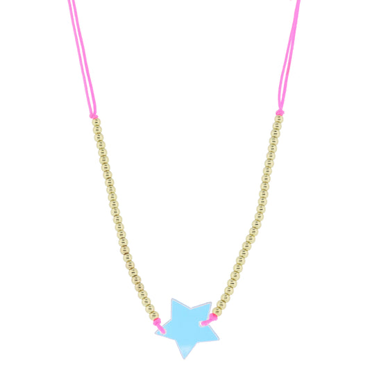 Kids Adj. Neon Pink Cord with Mini Gold Ball Bead Portion and Iridescent Acrylic Star Necklace