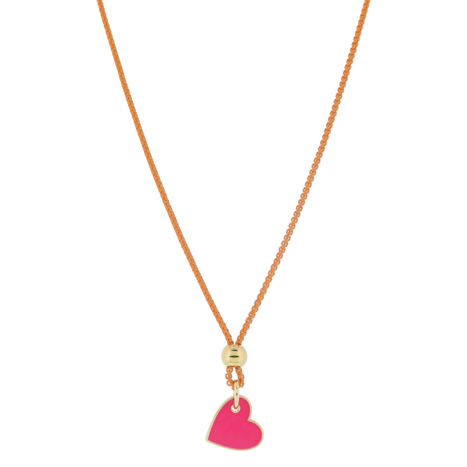 Kids 14" Orange Box Chain with Gold Bead and Hot Pink Enamel Sideways Heart Necklace, 3" Ext