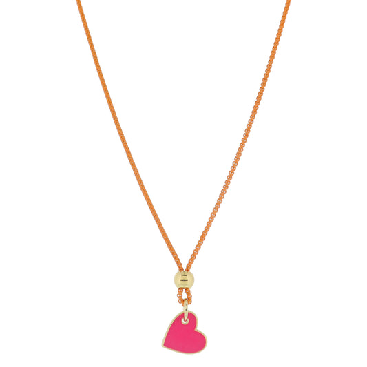 Kids 14" Orange Box Chain with Gold Bead and Hot Pink Enamel Sideways Heart Necklace, 3" Ext