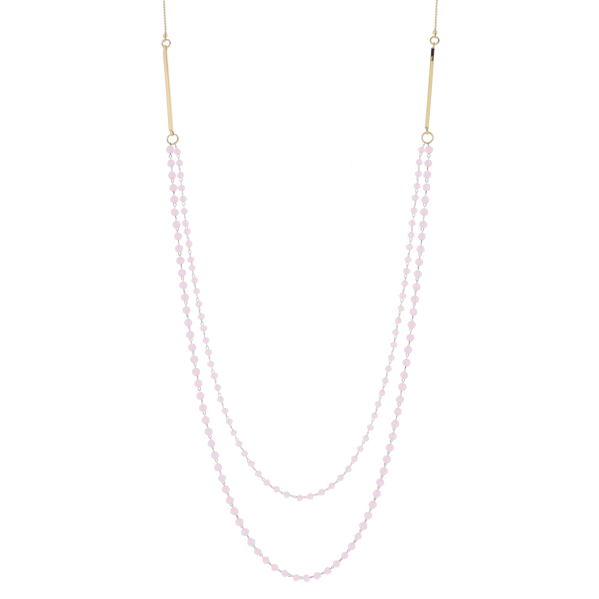 Gold Ball Chain with Gold Bars and 2 Strand Light Pink Faceted Beaded Link Chains Necklace, 3" Ext