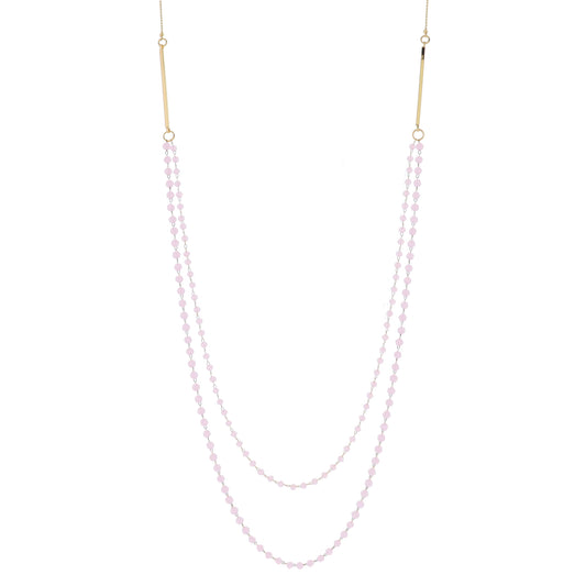 Gold Ball Chain with Gold Bars and 2 Strand Light Pink Faceted Beaded Link Chains Necklace, 3" Ext