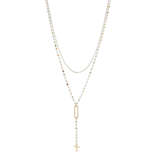 2 Strand Gold Link Chain, Amazonite Bead Link Chain with Link & Y-Drop & Cross Necklace, 3" Ext