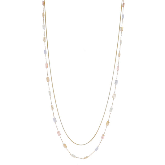 2 Strand Box Chain, Paperclip Chain & Pink, Rose, Greige, Opalite, Champagne Beads Necklace, 3"Ext