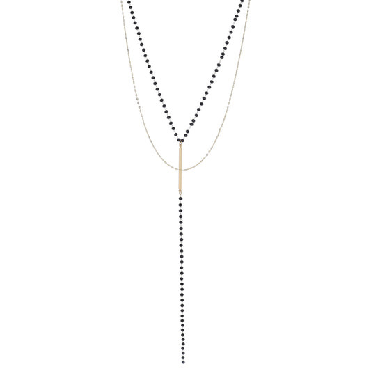 2 Strand Gold Pressed Link Chain, Jet Beaded Link Chain with Gold Bar and Y-Drop Necklace, 3" Ext