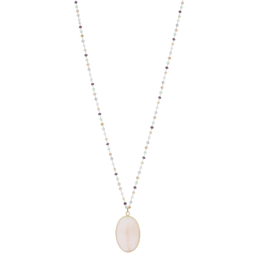 Multi Faceted Beaded Link Chain with Mother of Pearl Oval Pendant Necklace, 3" Ext