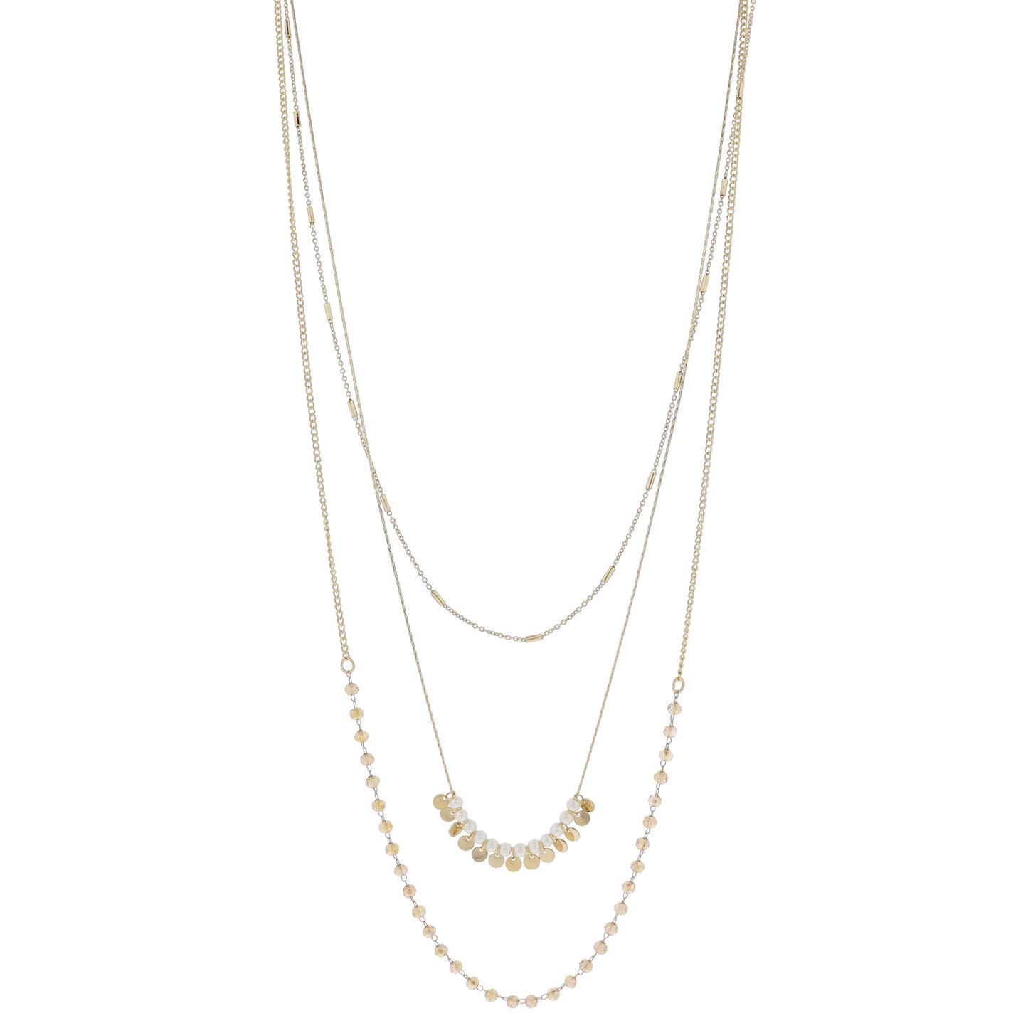 3 Strand Satellite Bar Chain, Chain & Pearls & Discs, Curb Chain & Champagne Beads Necklace, 3"Ext