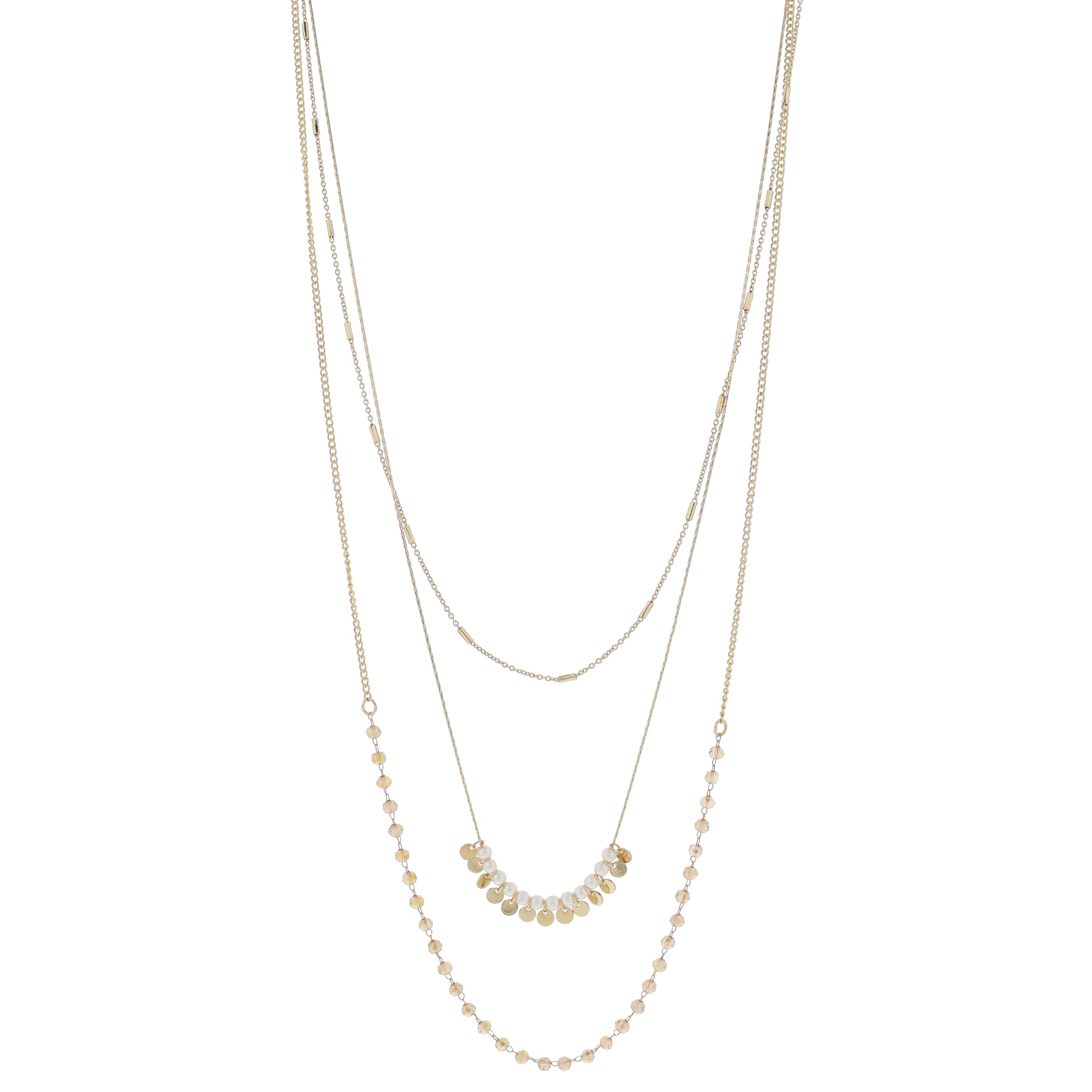 3 Strand Satellite Bar Chain, Chain & Pearls & Discs, Curb Chain & Champagne Beads Necklace, 3"Ext