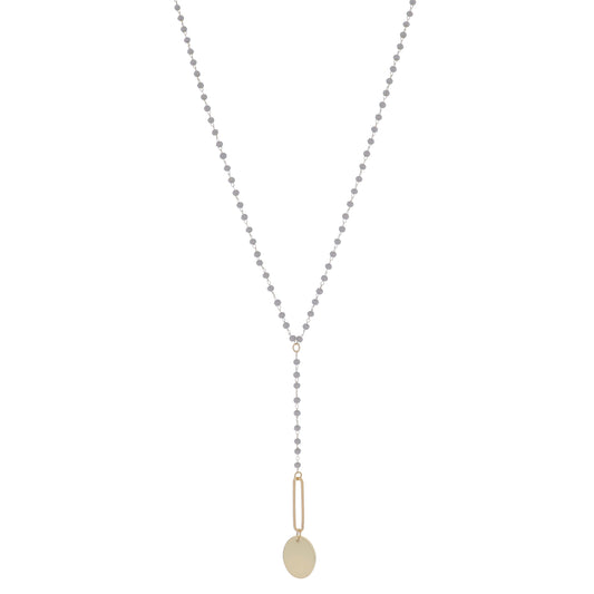 Grey Faceted Beaded Link Chain with Y-Drop and Gold Paperclip Link and Gold Oval Necklace, 3" Ext