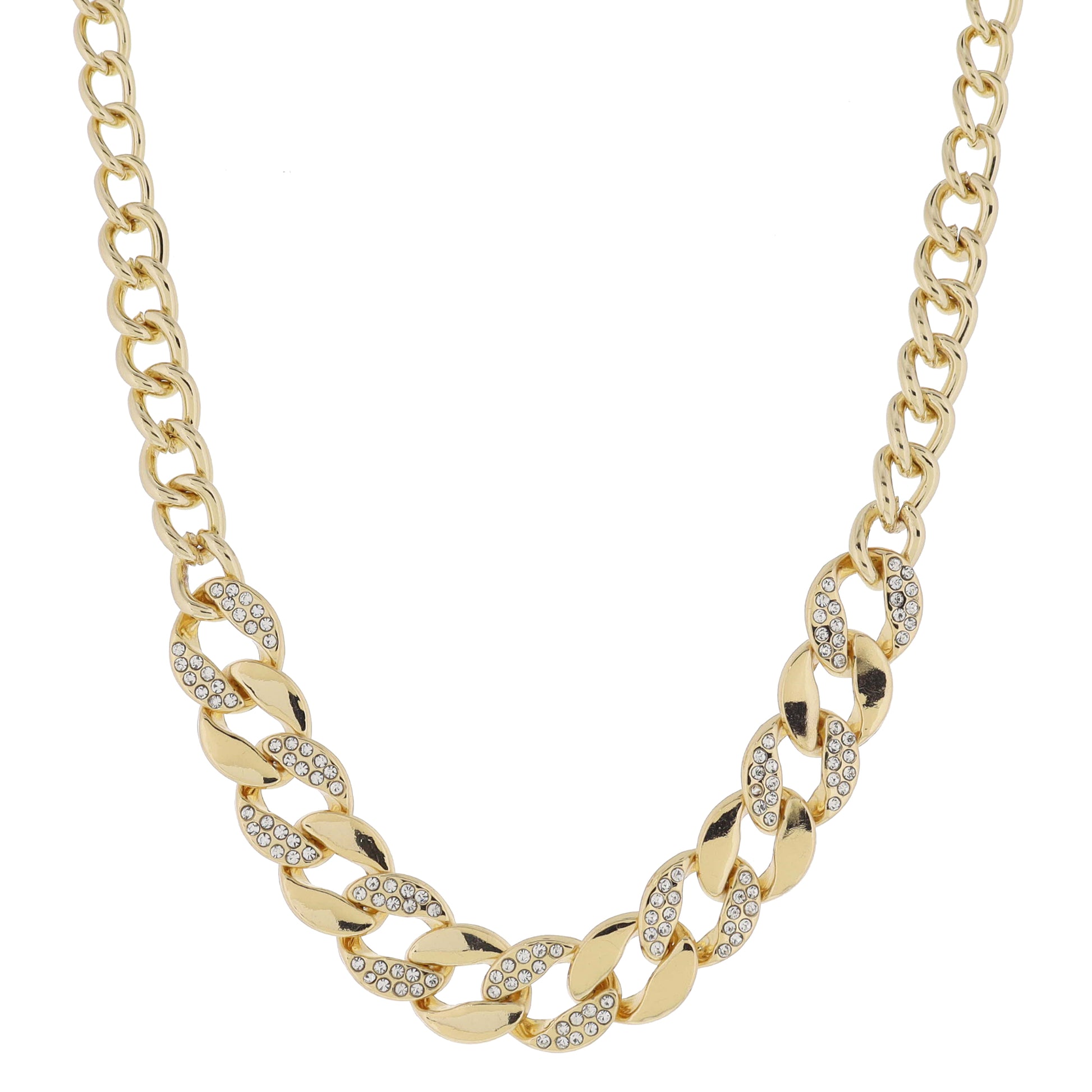 16" Chunky Gold Curb Chain Portion with Crystal Embellishment Necklace, 3" Ext