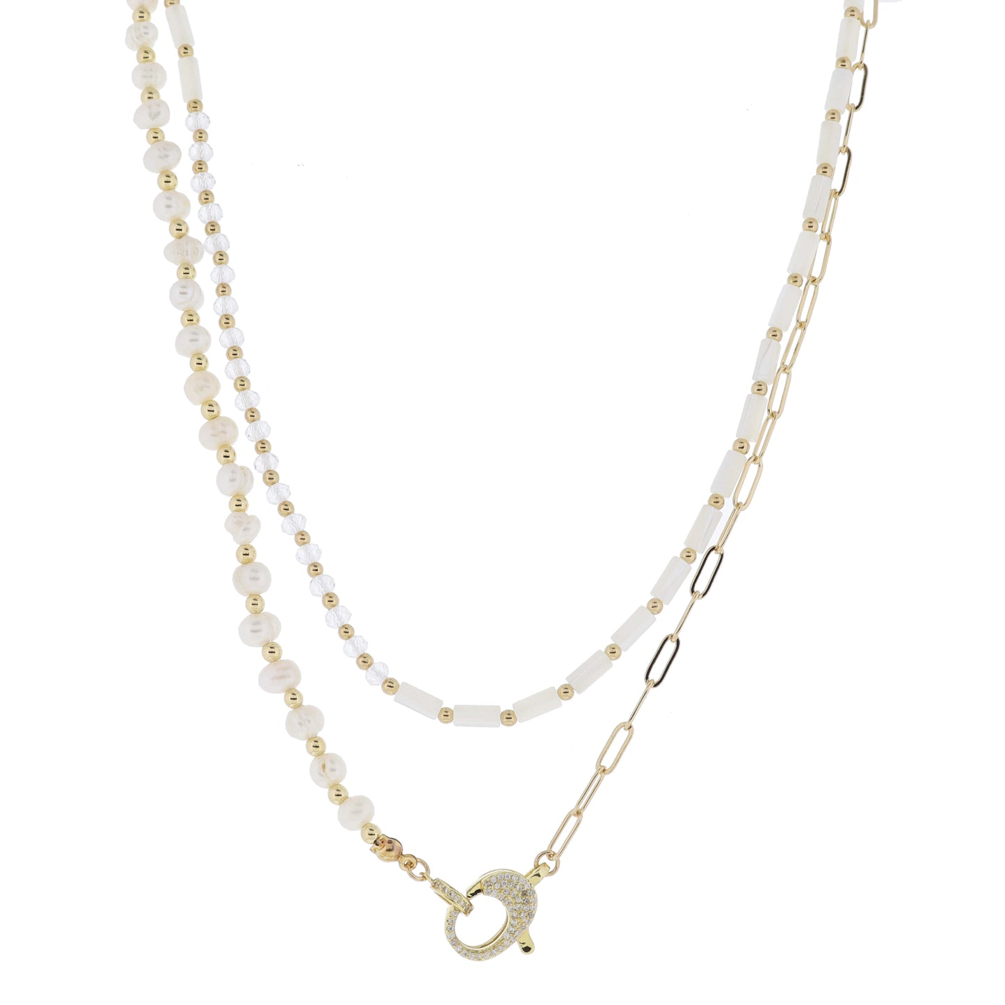 14", 16" 2 Strand Half Beads, Half Shell Beads & Pearl Beads, Paperclip Chain Necklace, 3" Ext