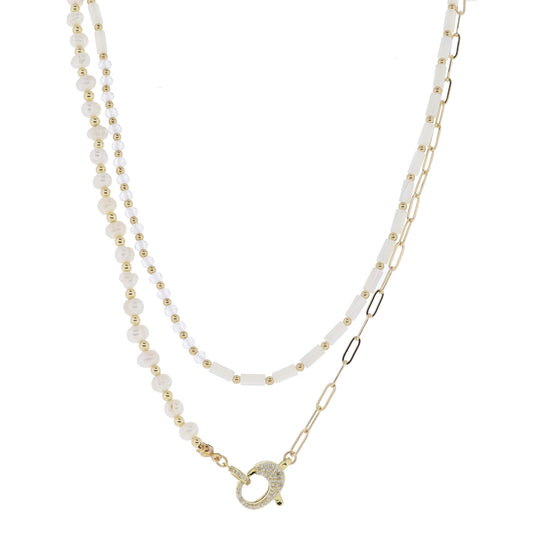 14", 16" 2 Strand Half Beads, Half Shell Beads & Pearl Beads, Paperclip Chain Necklace, 3" Ext