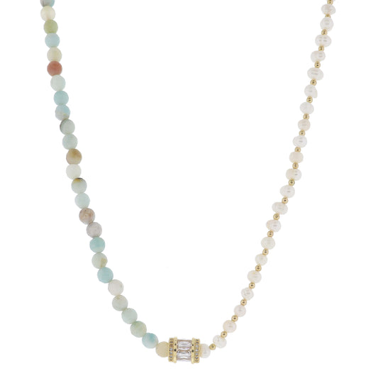 16" Half Amazonite, Half Pearl Beaded with Crystal & Baguette Crystal Rondel Necklace, 3" Ext