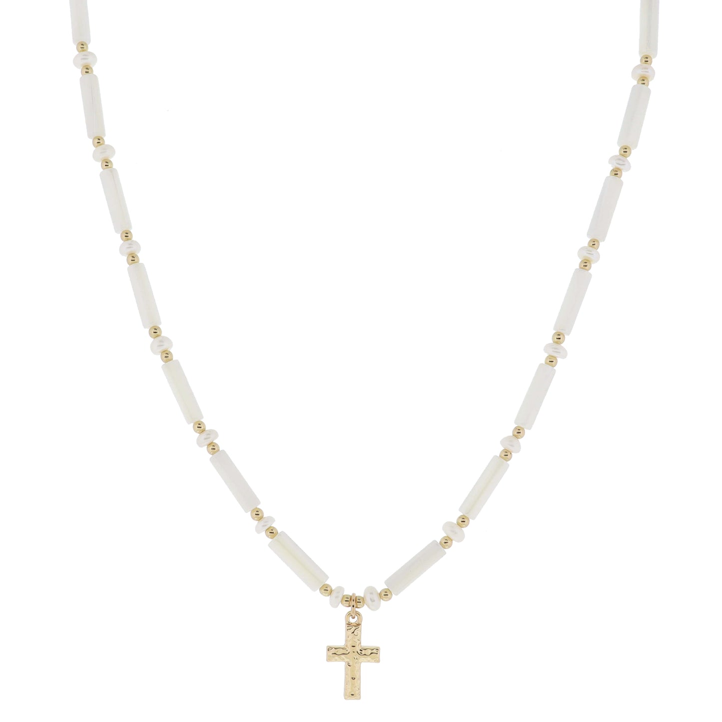 16" Iridescent Shell Cylinder Beads and Pearl Beads with Hammered Gold Cross Necklace, 3" Ext
