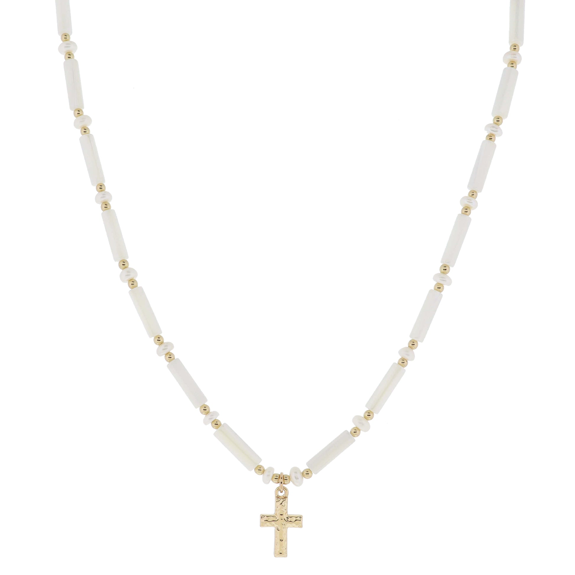 16" Iridescent Shell Cylinder Beads and Pearl Beads with Hammered Gold Cross Necklace, 3" Ext