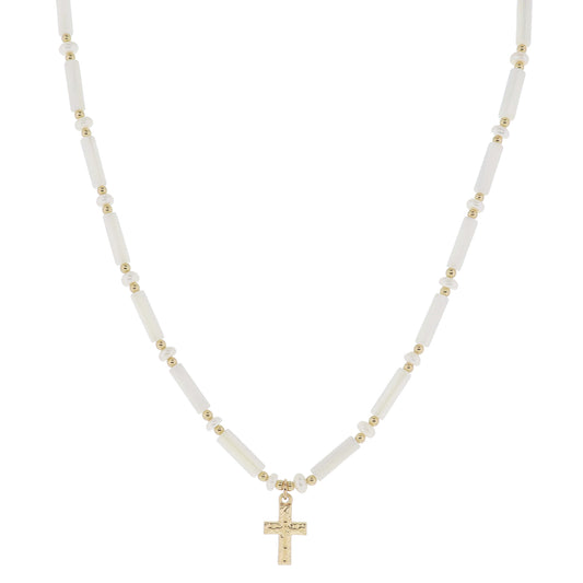 16" Iridescent Shell Cylinder Beads and Pearl Beads with Hammered Gold Cross Necklace, 3" Ext