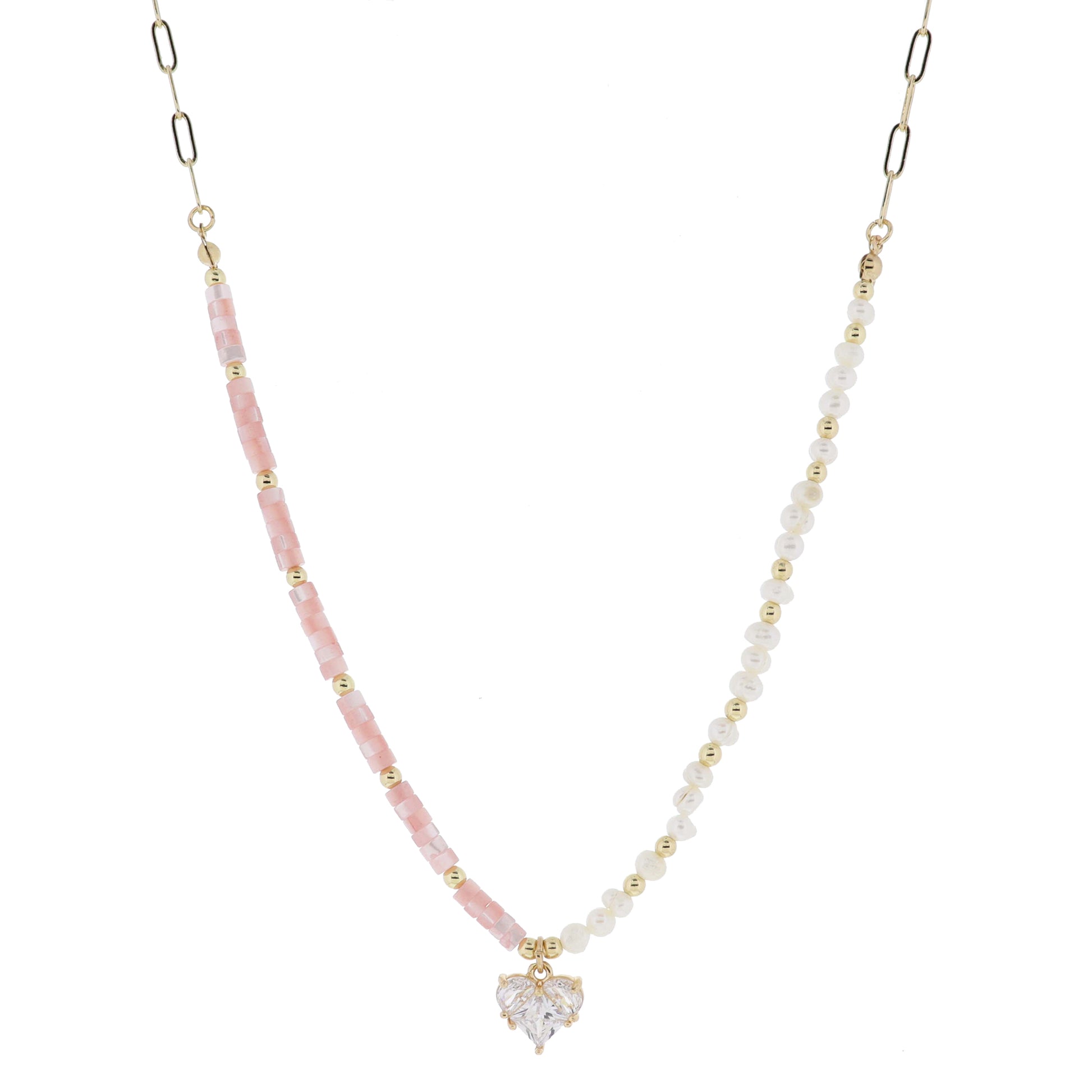 16" Partial Half Pink Shell, Half Pearl Beaded with Clear Crystal Heart Necklace, 3" Ext