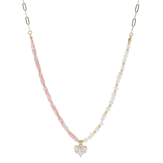 16" Partial Half Pink Shell, Half Pearl Beaded with Clear Crystal Heart Necklace, 3" Ext