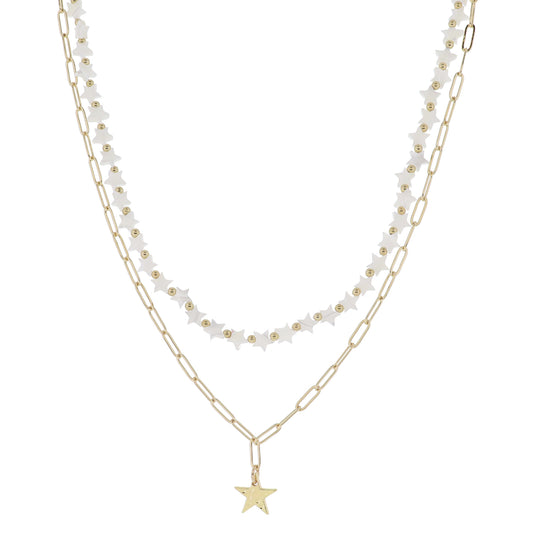 14", 16" 2 Strand White Shell Star Beaded, Gold Paperclip with Hammered Gold Star Necklace, 3" Ext