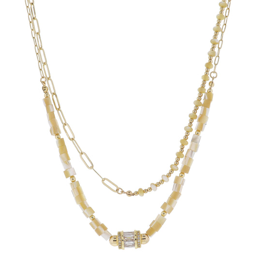 14", 16" 2 Strand Paperclip Chain, Shell & Gold Beads, Shell Beads, Crystal Rondel Necklace, 3"Ext