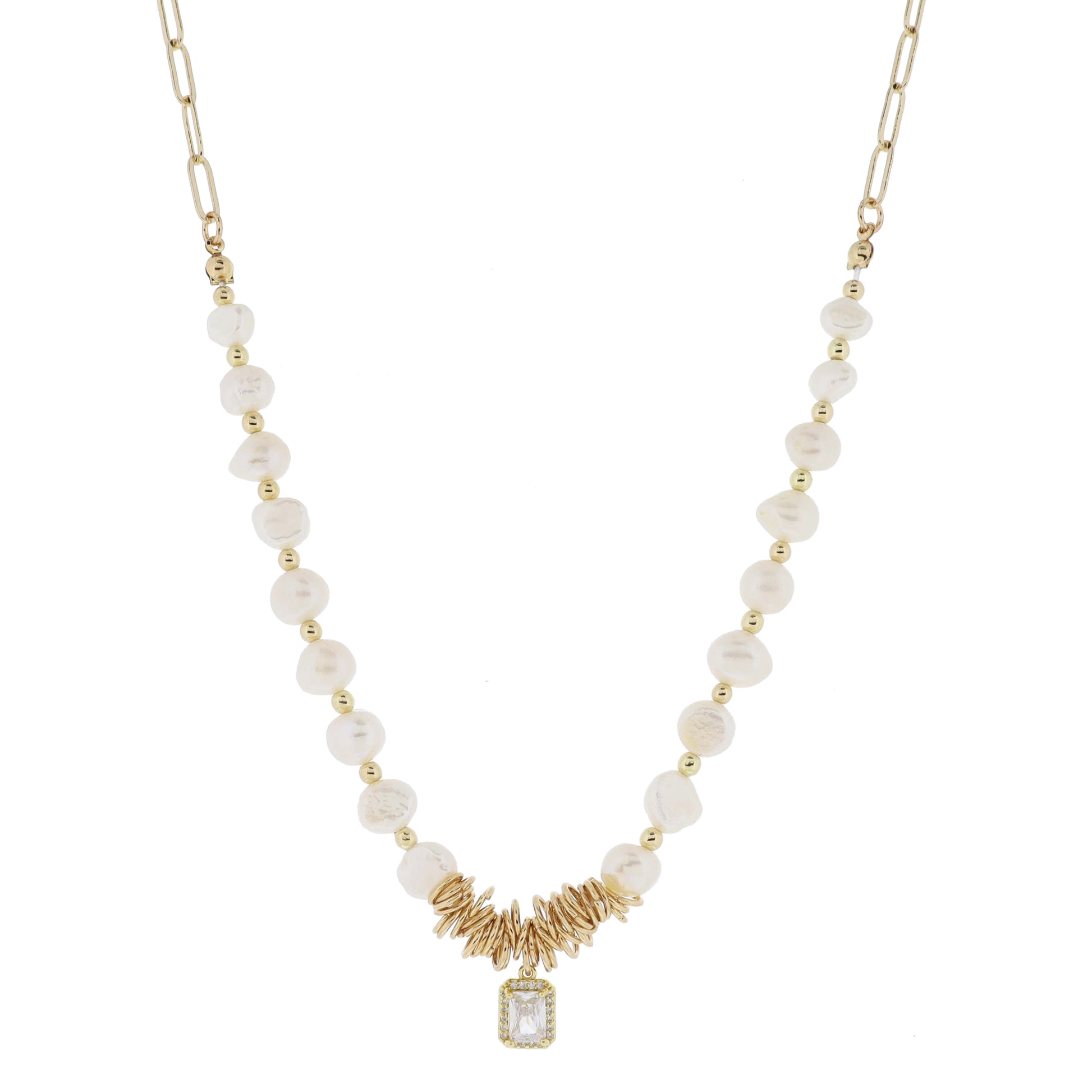 16" Partial Pearl Beaded with Gold Rings & Rectangle Crystal with Crystal Edge Necklace, 3" Ext