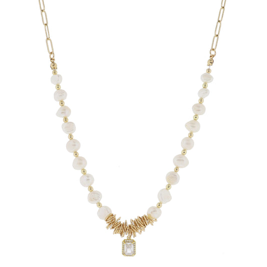 16" Partial Pearl Beaded with Gold Rings & Rectangle Crystal with Crystal Edge Necklace, 3" Ext