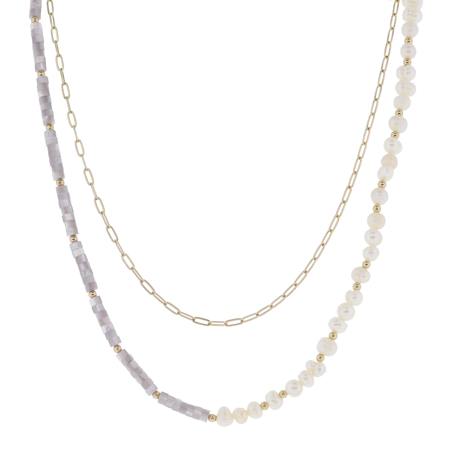 14", 16" 2 Strand Gold Paperclip Chain, Half Grey Shell, Half Pearl Beaded Necklace, 3" Ext