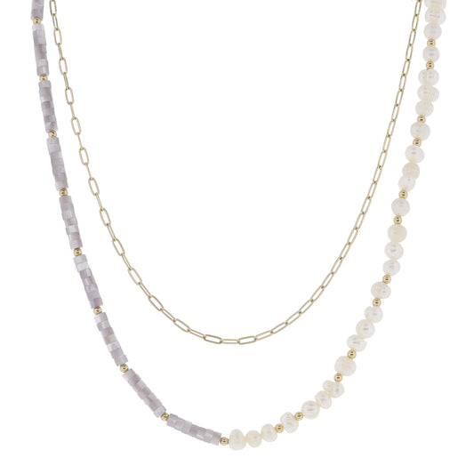 14", 16" 2 Strand Gold Paperclip Chain, Half Grey Shell, Half Pearl Beaded Necklace, 3" Ext