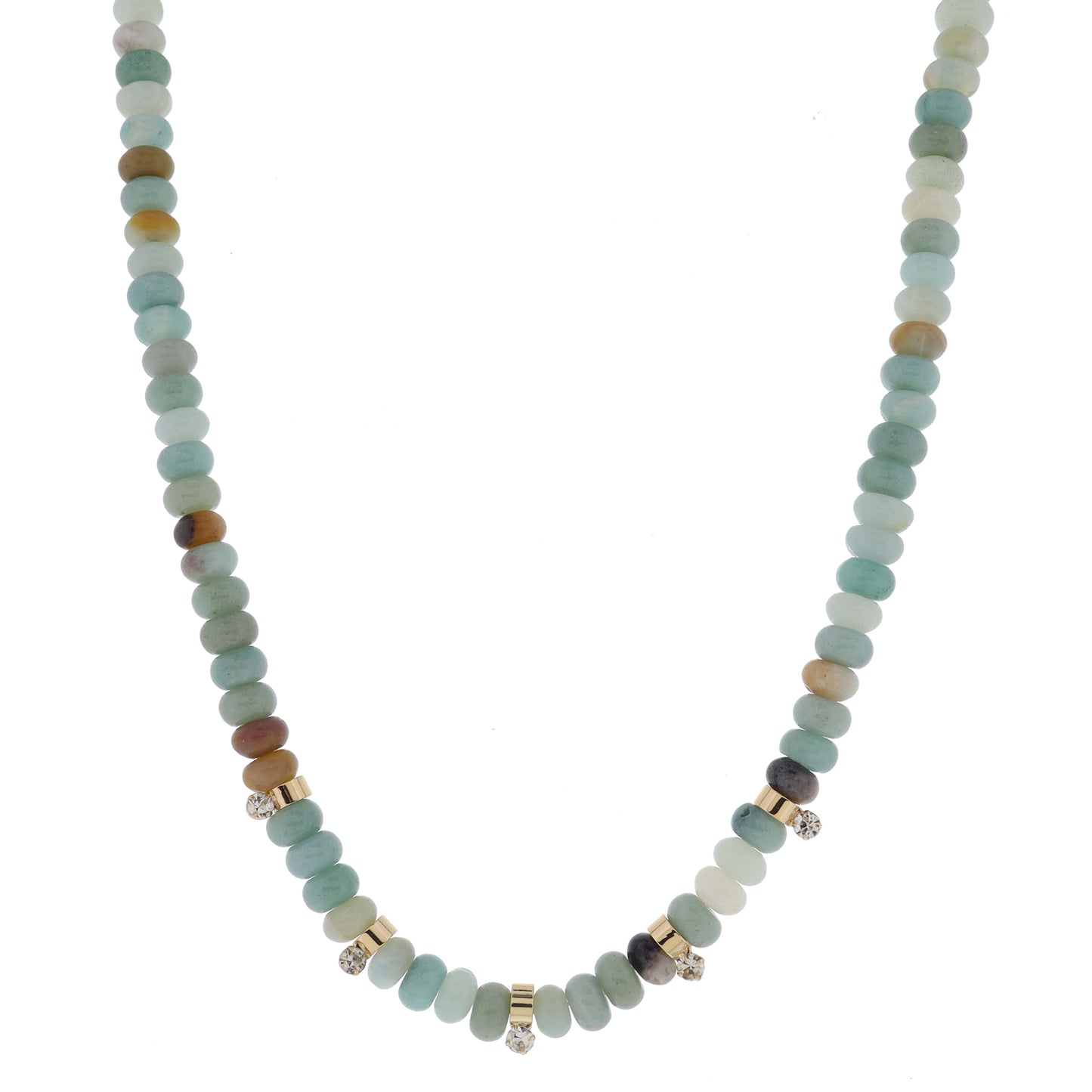 16" Amazonite Beaded with Gold Cylinder Disc Beads with Crystal Drop Stations Necklace, 3" Ext