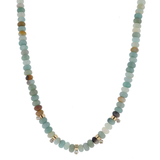 16" Amazonite Beaded with Gold Cylinder Disc Beads with Crystal Drop Stations Necklace, 3" Ext