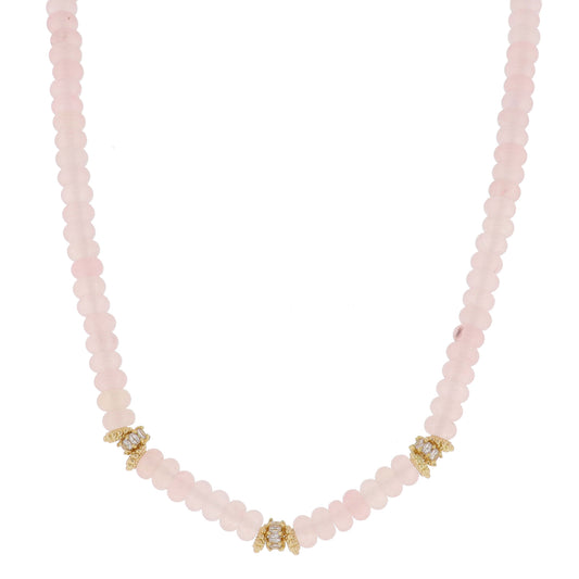 16" Rose Semi-Precious Beaded with Multi Gold and Crystal Rondel Cluster Stations Necklace, 3" Ext