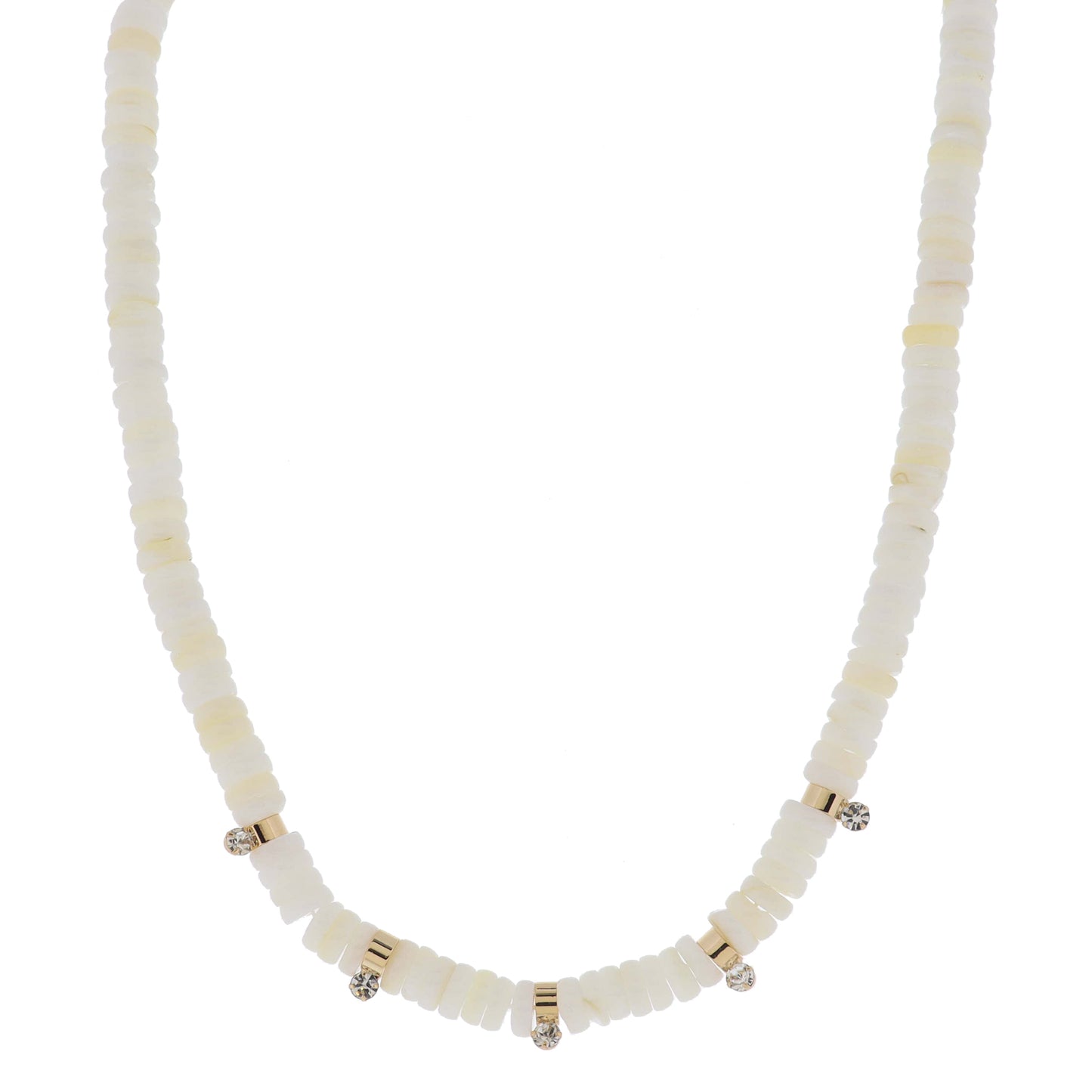 16" Ivory Semi-Precious Beaded with Gold Cylinder Disc Beads with Crystal Drops Necklace, 3" Ext