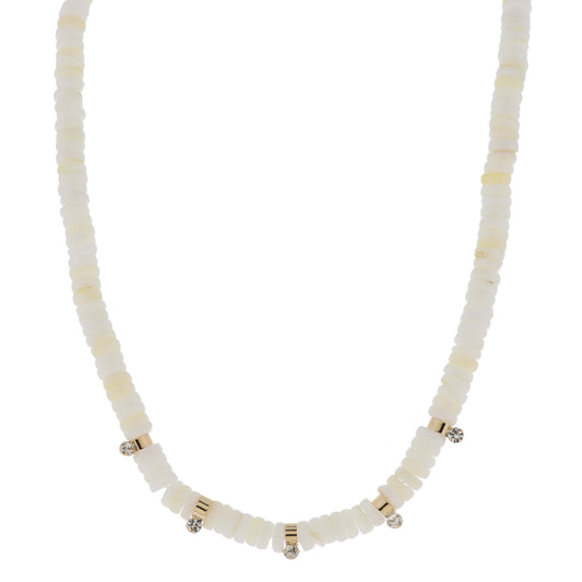 16" Ivory Semi-Precious Beaded with Gold Cylinder Disc Beads with Crystal Drops Necklace, 3" Ext