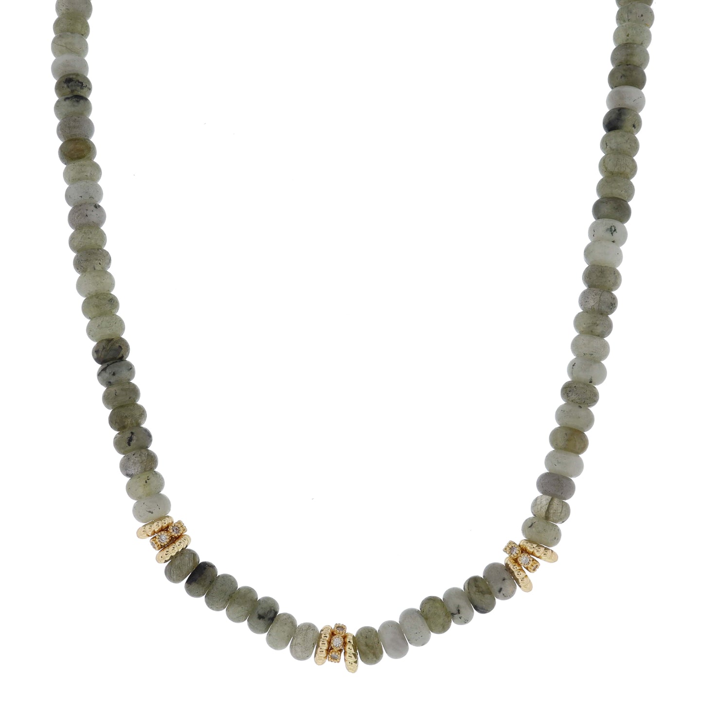 16" Labradorite Beaded with Multi Gold and Crystal Rondel Cluster Stations Necklace, 3" Ext