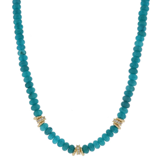 16" Teal Semi-Precious Beaded with Multi Gold and Crystal Rondel Cluster Stations Necklace, 3" Ext