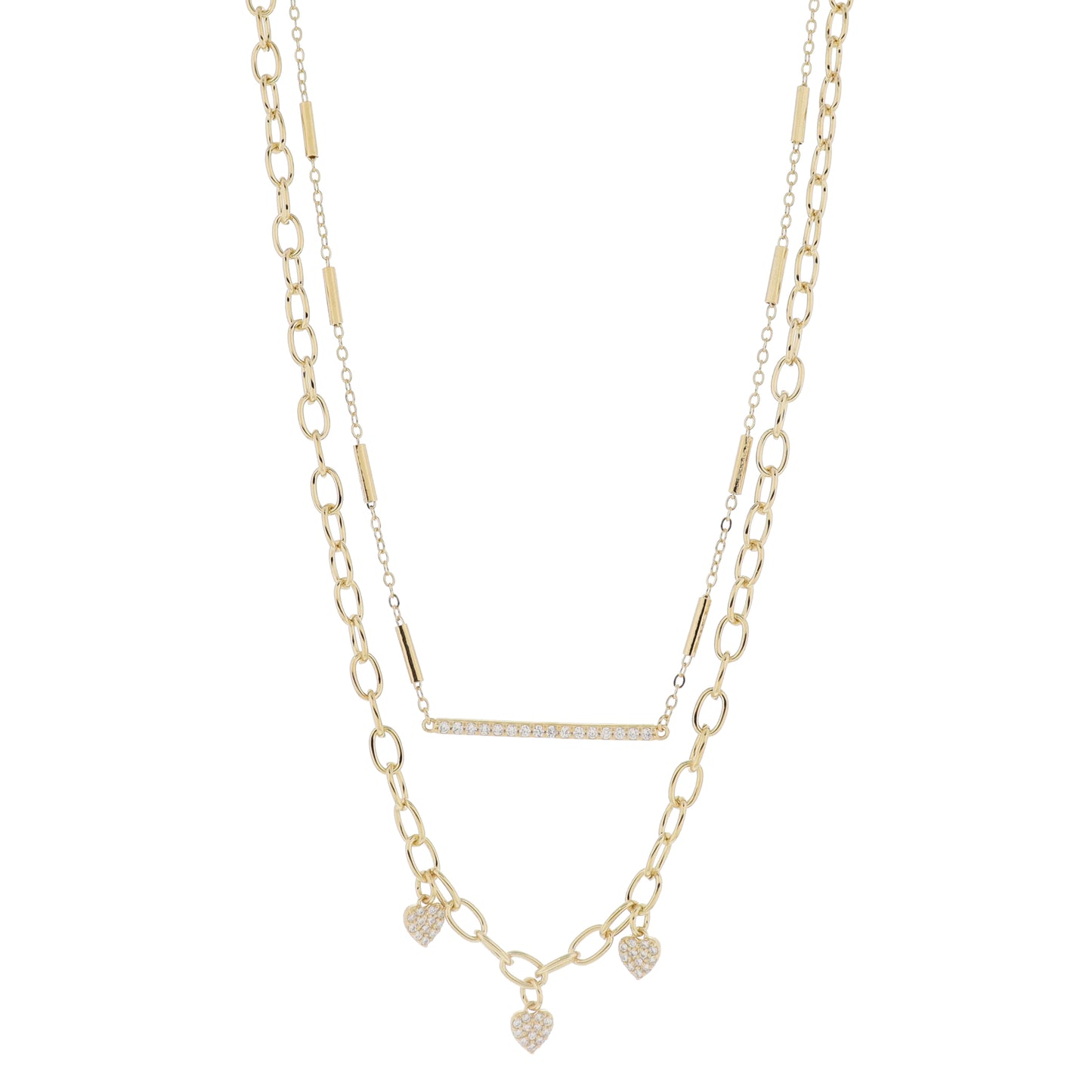 16", 18" Set of 2, Satellite Bar Chain with Crystal Bar, Gold Link Chain & Hearts Necklace, 3" Ext