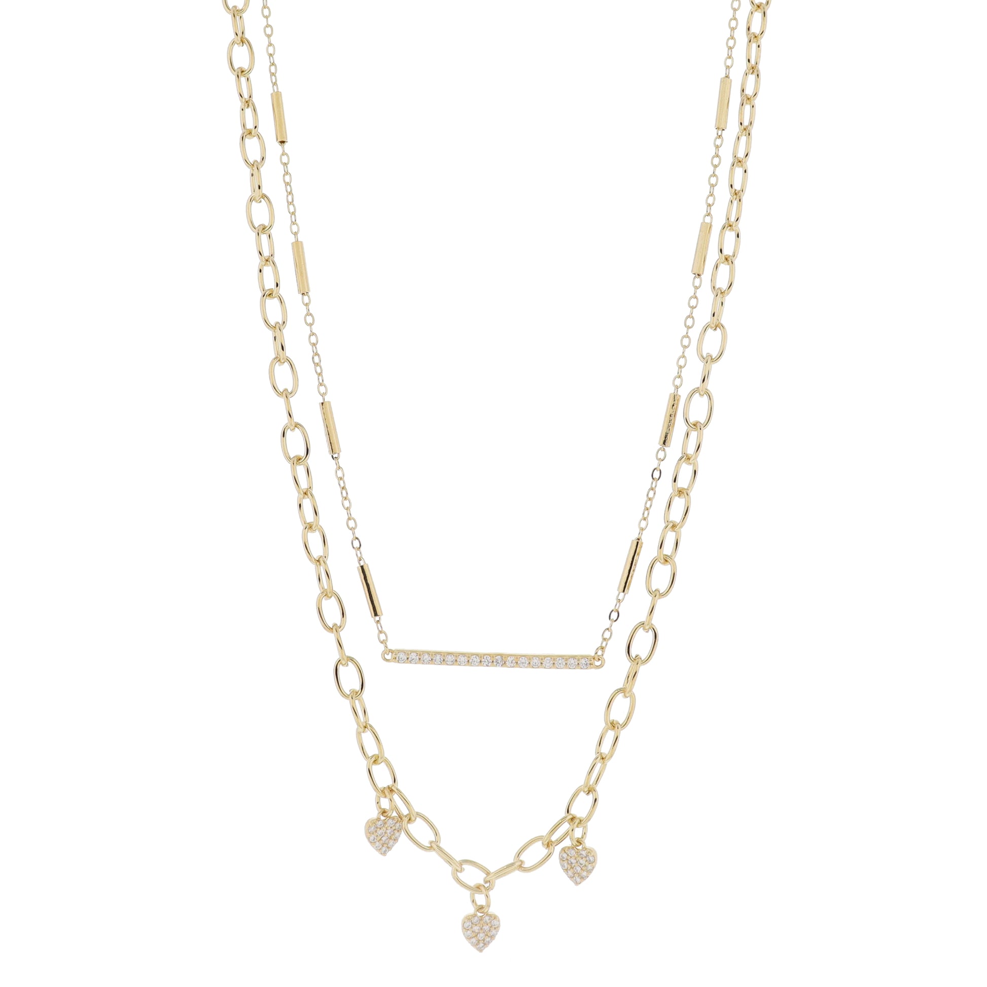 16", 18" Set of 2, Satellite Bar Chain with Crystal Bar, Gold Link Chain & Hearts Necklace, 3" Ext