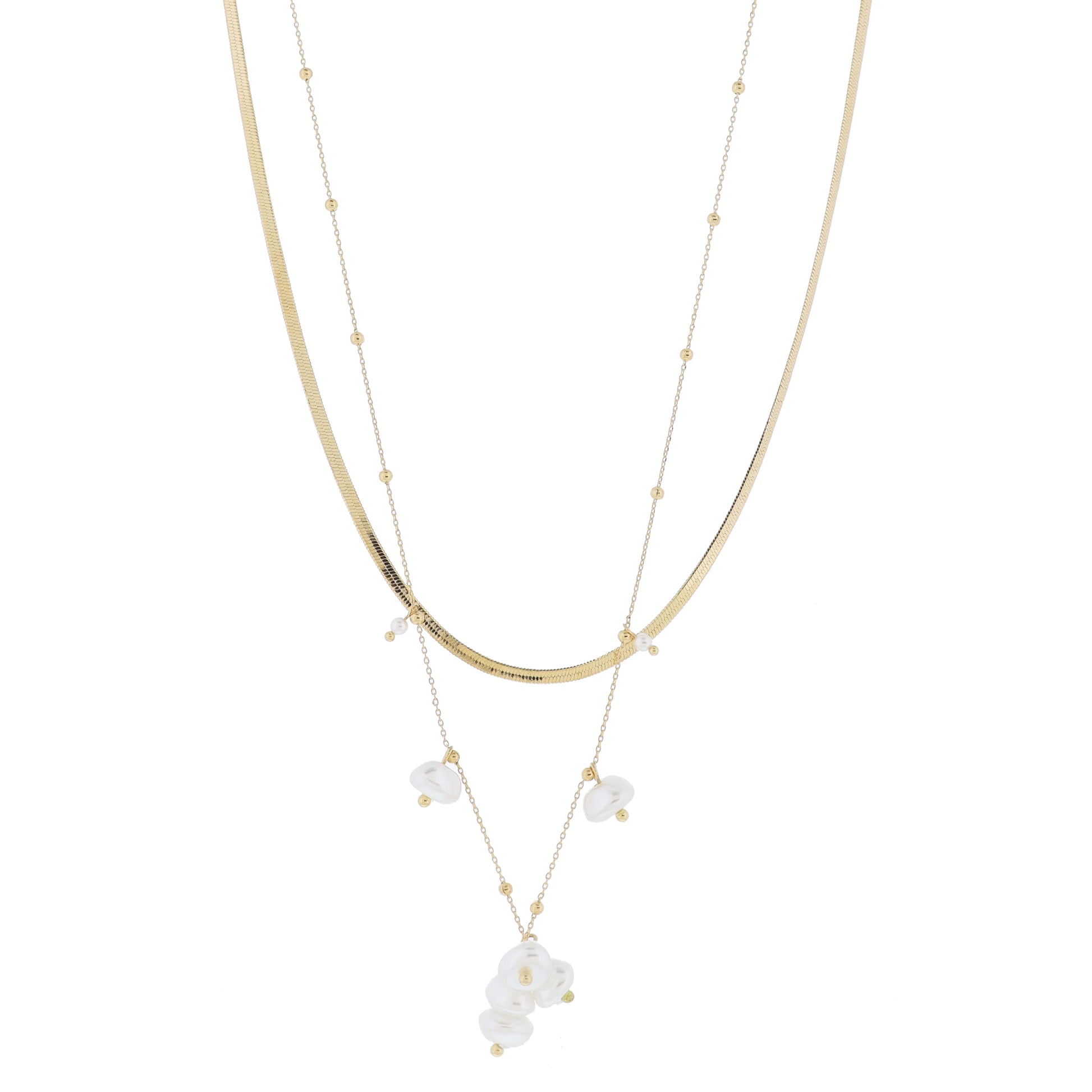 16", 18" Set of 2, Herringbone Chain, Satellite Chain with Pearls & Cluster Necklace, 3" Ext