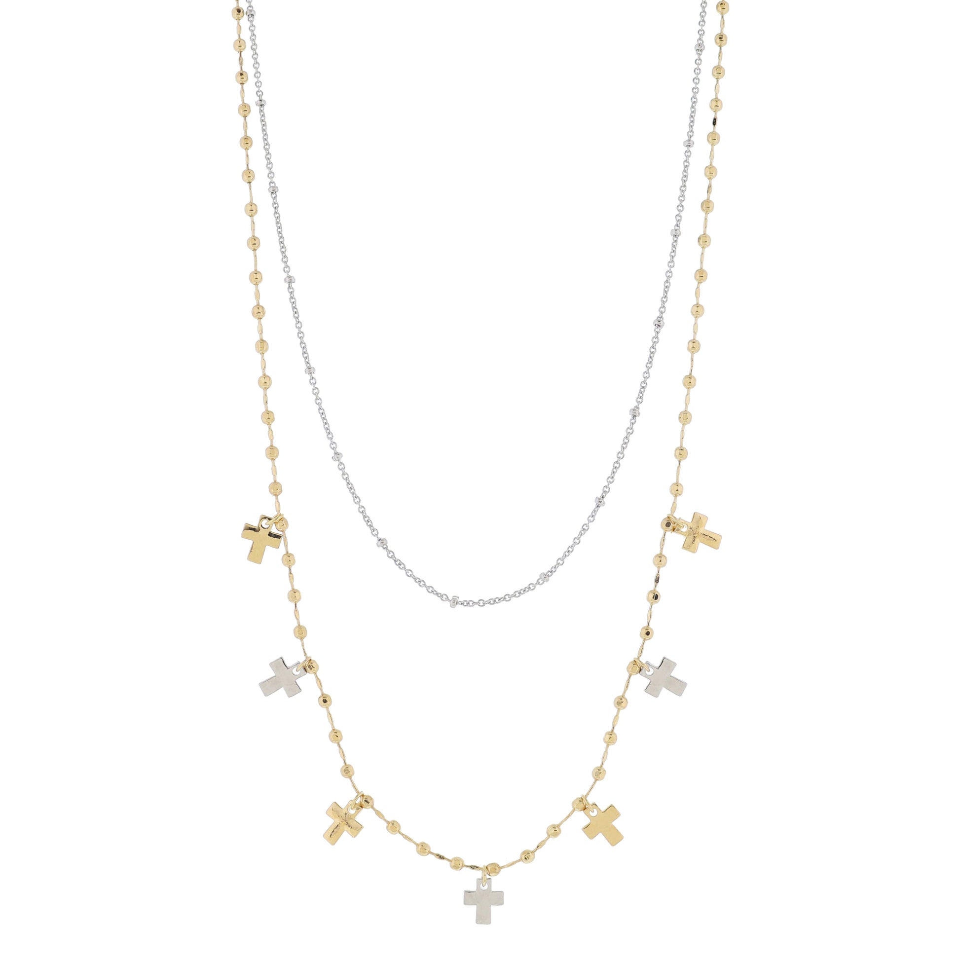 16", 18" Set of 2, Silver Satellite Chain, Gold Chain with Gold & Silver Crosses Necklace, 3" Ext