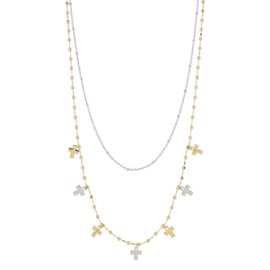 16", 18" Set of 2, Silver Satellite Chain, Gold Chain with Gold & Silver Crosses Necklace, 3" Ext