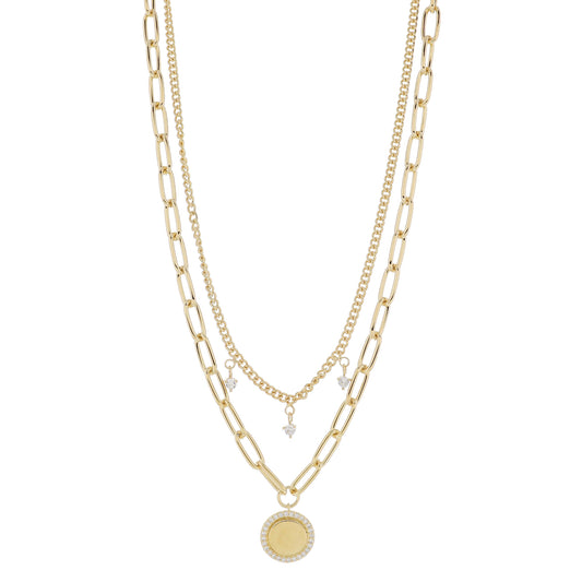 16", 18" Set of 2, Gold Curb Chain with Crystal, Gold Paperclip Chain & Gold Disc Necklace, 3" Ext