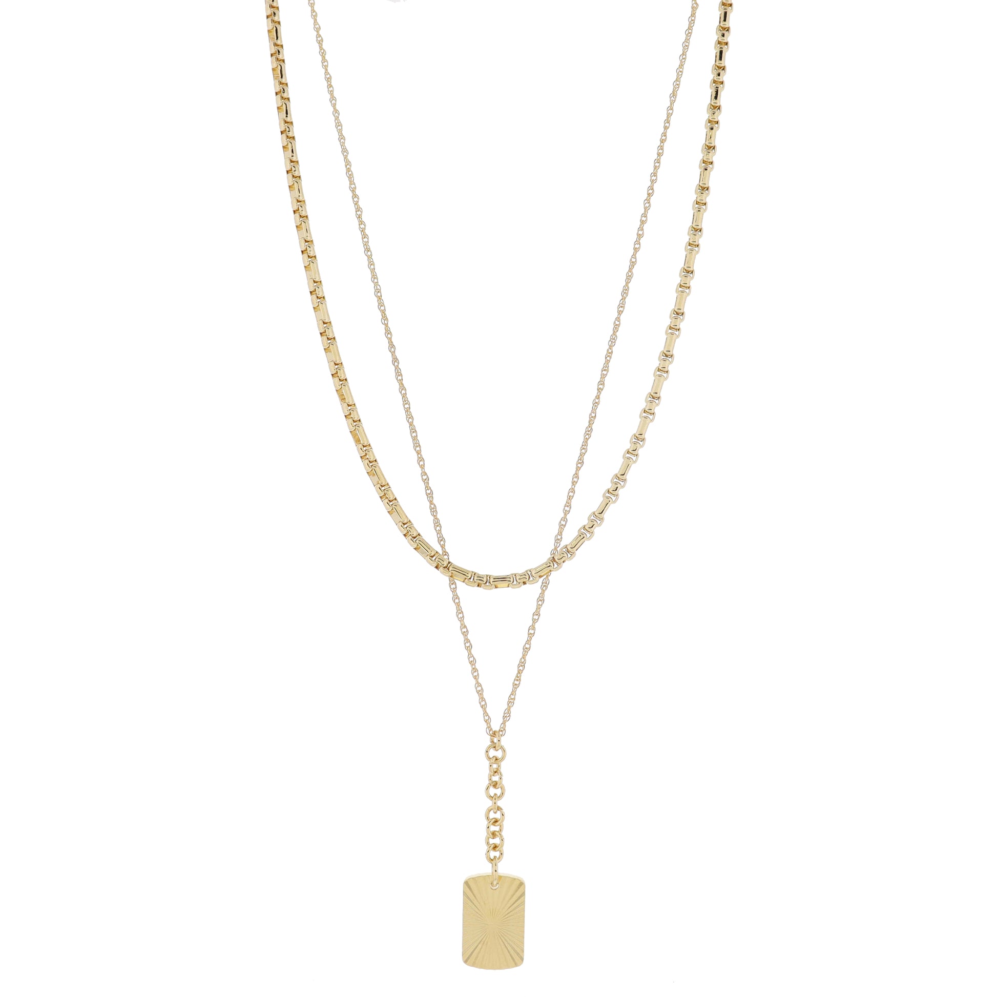 16", 18" Set of 2, Figaro Chain, Singapore Chain & Rolo Chain Y-Drop & Rectangle Necklace, 3" Ext