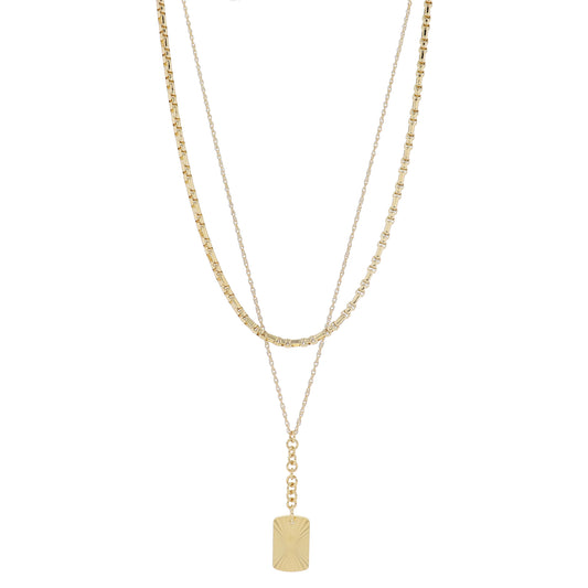 16", 18" Set of 2, Figaro Chain, Singapore Chain & Rolo Chain Y-Drop & Rectangle Necklace, 3" Ext